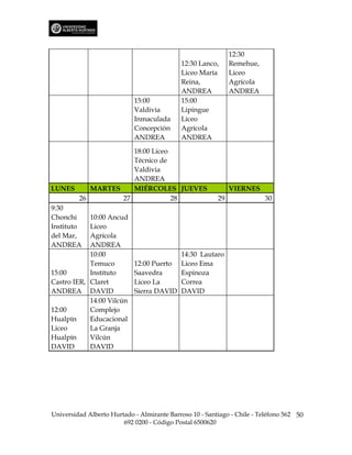 12:30
                                            12:30 Lanco,     Remehue,
                                            Liceo María      Liceo
                                            Reina,           Agrícola
                                            ANDREA           ANDREA
                            15:00           15:00
                            Valdivia        Lipingue
                            Inmaculada      Liceo
                            Concepción      Agrícola
                            ANDREA          ANDREA

                           18:00 Liceo
                           Técnico de
                           Valdivia
                           ANDREA
LUNES        MARTES        MIÉRCOLES JUEVES             VIERNES
          26            27             28            29         30
9:30
Chonchi      10:00 Ancud
Instituto    Liceo
del Mar,     Agrícola
ANDREA ANDREA
             10:00                        14:30 Lautaro
             Temuco        12:00 Puerto Liceo Ema
15:00        Instituto     Saavedra       Espinoza
Castro IER, Claret         Liceo La       Correa
ANDREA DAVID               Sierra DAVID DAVID
             14:00 Vilcún
12:00        Complejo
Hualpín      Educacional
Liceo        La Granja
Hualpín      Vilcún
DAVID        DAVID




Universidad Alberto Hurtado - Almirante Barroso 10 - Santiago - Chile - Teléfono 562 50
                        692 0200 - Código Postal 6500620
 