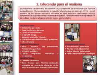 La prosperidad y el verdadero desarrollo de un país dependen de la educación que alcancen
sus pueblos; por ello, conscientes de la inequidad educativa que aún existe en el Perú y con el
respaldo de los buenos resultados obtenidos en años anteriores reafirmamos nuestro
compromiso de seguir educando a nuestros trabajadores y a la comunidad en búsqueda de un
aprendizaje constante y la generación de nuevas oportunidades.


Educación Escolar
 Matemática para todos
 Capacitación para Docentes
 Cursos de reforzamiento
 El Libro Mi Amigo
 Adopción Alejandro Taboada
 Distribución de útiles escolares y botiquines
 Infraestructura
Educación Universitaria                                  Educando desde adentro
 Becas : Prácticas         Pre profesionales,            Plan Anual de Capacitación
  Profesionales y de Tesis                                Plan de Ayuda Educacional
 SERUMS, SECIGRAS.                                       Apoyo Hijos de trabajadores
 Charlas      magistrales,     seminarios     y          Centro de Información Tecnológica
  conferencias
Educación Técnica
 Convenio con SENATI
 Becas Técnicas para Alumnos destacados
  egresados de centros de educación de las
  áreas de influencia de nuestras Operaciones.
 
