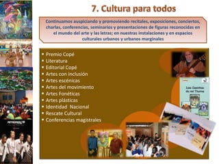 Continuamos auspiciando y promoviendo recitales, exposiciones, conciertos,
    charlas, conferencias, seminarios y presentaciones de figuras reconocidas en
       el mundo del arte y las letras; en nuestras instalaciones y en espacios
                      culturales urbanos y urbanos marginales


   Premio Copé
   Literatura
   Editorial Copé
   Artes con inclusión
   Artes escénicas
   Artes del movimiento
   Artes Fonéticas
   Artes plásticas
   Identidad Nacional
   Rescate Cultural
   Conferencias magistrales
 
