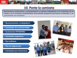 Reconocemos, involucramos y comprometemos a nuestros trabajadores en la realización de su
trabajo y en la constante competitividad, desarrollando programas que buscan su bienestar y su
acercamiento con la Empresa.



 Reconocimiento a trabajadores

 Actividades de confraternidad

 Sentimiento PETROPERÚ

 Actividades deportivas

 Plan Solidario

 Plan de Sugerencias

 Actividades por Aniversario
 