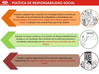 POLÍTICA DE RESPONSABILIDAD SOCIAL

 Erradicar cualquier tipo o relación con el trabajo infantil y criterios de
    exclusión en la contratación de trabajadores y proveedores por
discapacidades, diversidad étnica, estado civil o familiar, género, raza o
       religión y cualquier otra característica que la ley ampare.




  Impulsar la mejora continua, en la Gestión de Responsabilidad Social,
   basada en los resultados del monitoreo de los distintos procesos y
    actividades relacionadas con los compromisos y principios de está
                                 Política




   Proveer a toda la organización de los recursos requeridos para
 implementar los programas internos y externos de Responsabilidad
                               Social.
 