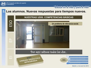 Madrid, a 2 de abril de 2014
CPC Compañía de María de Logroño
La Enseñanza
“Educar en la vida y para la vida”“Educar en la vida y para la vida”
5. Los alumnos. Nuevas respuestas para tiempos nuevos.ESOEPEI
NUESTRAS UDIS. COMPETENCIAS BÁSICAS
Por aquí salimos todos los días…
Un problema de relevancia social.
 