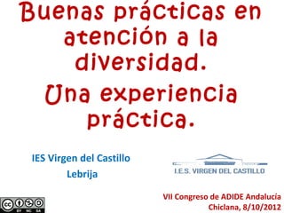 Buenas prácticas en
   atención a la
    diversidad.
 Una experiencia
     práctica.
IES Virgen del Castillo
        Lebrija
                          VII Congreso de ADIDE Andalucía
                                      Chiclana, 8/10/2012
 