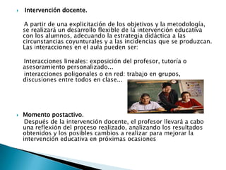  Intervención docente.     A partir de una explicitación de los objetivos y la metodología, se realizará un desarrollo flexible de la intervención educativa con los alumnos, adecuando la estrategia didáctica a las circunstancias coyunturales y a las incidencias que se produzcan. Las interacciones en el aula pueden ser:    Interacciones lineales: exposición del profesor, tutoría o asesoramiento personalizado...    interacciones poligonales o en red: trabajo en grupos, discusiones entre todos en clase...Momento postactivo.    Después de la intervención docente, el profesor llevará a cabo una reflexión del proceso realizado, analizando los resultados obtenidos y los posibles cambios a realizar para mejorar la intervención educativa en próximas ocasiones
