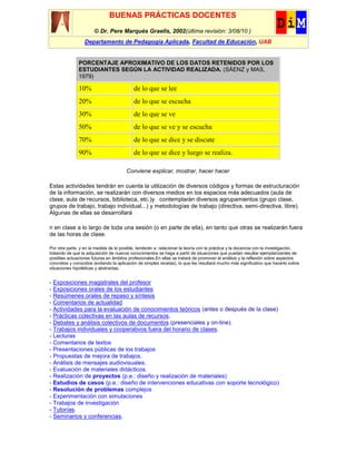 BUENAS PRÁCTICAS DOCENTES
                       © Dr. Pere Marquès Graells, 2002(última revisión: 3/08/10 )
                  Departamento de Pedagogía Aplicada, Facultad de Educación, UAB


               PORCENTAJE APROXIMATIVO DE LOS DATOS RETENIDOS POR LOS
               ESTUDIANTES SEGÚN LA ACTIVIDAD REALIZADA. (SÁENZ y MAS,
               1979)

               10%                         de lo que se lee
               20%                         de lo que se escucha
               30%                         de lo que se ve
               50%                         de lo que se ve y se escucha
               70%                         de lo que se dice y se discute
               90%                         de lo que se dice y luego se realiza.

                                       Conviene explicar, mostrar, hacer hacer

Estas actividades tendrán en cuenta la utilización de diversos códigos y formas de estructuración
de la información, se realizarán con diversos medios en los espacios más adecuados (aula de
clase, aula de recursos, biblioteca, etc.)y contemplarán diversos agrupamientos (grupo clase,
grupos de trabajo, trabajo individual...) y metodologías de trabajo (directiva, semi-directiva, libre).
Algunas de ellas se desarrollará

n en clase a lo largo de toda una sesión (o en parte de ella), en tanto que otras se realizarán fuera
de las horas de clase.

Por otra parte, y en la medida de lo posible, tenderán a relacionar la teoría con la práctica y la docencia con la investigación,
tratando de que la adquisición de nuevos conocimientos se haga a partir de situaciones que puedan resultar ejemplarizantes de
posibles actuaciones futuras en ámbitos profesionales.En ellas se tratará de promover el análisis y la reflexión sobre aspectos
concretos y conocidos (evitando la aplicación de simples recetas), lo que les resultará mucho más significativo que hacerlo sobre
situaciones hipotéticas y abstractas.


- Exposiciones magistrales del profesor
- Exposiciones orales de los estudiantes
- Resúmenes orales de repaso y síntesis
- Comentarios de actualidad
- Actividades para la evaluación de conocimientos teóricos (antes o después de la clase)
- Prácticas colectivas en las aulas de recursos.
- Debates y análisis colectivos de documentos (presenciales y on-line).
- Trabajos individuales y cooperativos fuera del horario de clases.
- Lecturas
- Comentarios de textos
- Presentaciones públicas de los trabajos
- Propuestas de mejora de trabajos.
- Análisis de mensajes audiovisuales.
- Evaluación de materiales didácticos.
- Realización de proyectos (p.e.: diseño y realización de materiales)
- Estudios de casos (p.e.: diseño de intervenciones educativas con soporte tecnológico)
- Resolución de problemas complejos
- Experimentación con simulaciones
- Trabajos de investigación
- Tutorías.
- Seminarios y conferencias.
 