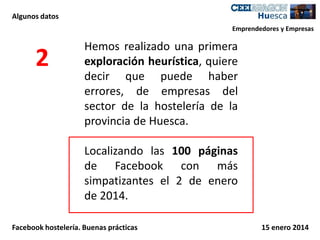 Algunos datos
Emprendedores y Empresas

2

Hemos realizado una primera
exploración heurística, quiere
decir que puede haber
errores, de empresas del
sector de la hostelería de la
provincia de Huesca.
Localizando las 100 páginas
de Facebook con más
simpatizantes el 2 de enero
de 2014.

Facebook hostelería. Buenas prácticas

15 enero 2014

 