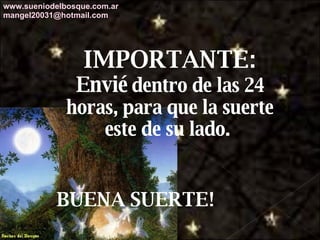 IMPORTANTE: Envié  dentro de las 24 horas, para que la suerte este de su lado.  BUENA SUERTE!  www.sueniodelbosque.com.ar [email_address] 