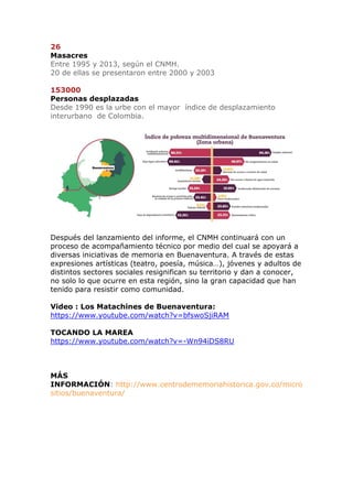 26
Masacres
Entre 1995 y 2013, según el CNMH.
20 de ellas se presentaron entre 2000 y 2003
153000
Personas desplazadas
Des...