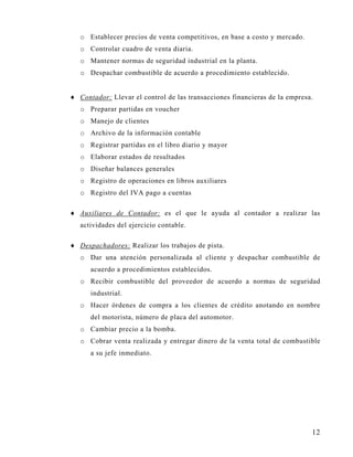 o Establecer precios de venta competitivos, en base a costo y mercado.
   o Controlar cuadro de venta diaria.
   o Mantener normas de seguridad industrial en la planta.
   o Despachar combustible de acuerdo a procedimiento establecido.


♦ Contador: Llevar el control de las transacciones financieras de la empresa.
   o Preparar partidas en voucher
   o Manejo de clientes
   o Archivo de la información contable
   o Registrar partidas en el libro diario y mayor
   o Elaborar estados de resultados
   o Diseñar balances generales
   o Registro de operaciones en libros auxiliares
   o Registro del IVA pago a cuentas

♦ Auxiliares de Contador: es el que le ayuda al contador a realizar las
   actividades del ejercicio contable.

♦ Despachadores: Realizar los trabajos de pista.
   o Dar una atención personalizada al cliente y despachar combustible de
      acuerdo a procedimientos establecidos.
   o Recibir combustible del proveedor de acuerdo a normas de seguridad
      industrial.
   o Hacer órdenes de compra a los clientes de crédito anotando en nombre
      del motorista, número de placa del automotor.
   o Cambiar precio a la bomba.
   o Cobrar venta realizada y entregar dinero de la venta total de combustible
      a su jefe inmediato.




                                                                            12
 