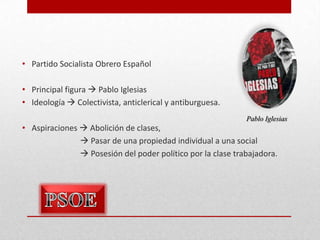• Partido Socialista Obrero Español
• Principal figura  Pablo Iglesias
• Ideología  Colectivista, anticlerical y antiburguesa.
Pablo Iglesias

• Aspiraciones  Abolición de clases,
 Pasar de una propiedad individual a una social
 Posesión del poder político por la clase trabajadora.

 