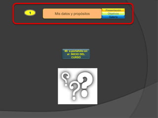 Presentación
1   Mis datos y propósitos      Objetivos
                                  Galería




          Mi e.portafolio en
           el INICIO DEL
               CURSO
 