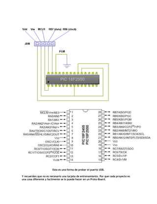 Esta es una forma de probar el puerto USB.
Y recuerden que no es necesario una tarjeta de entrenamiento. Por que cada proyecto es
una cosa diferente y facilmente se lo puede hacer en un Proto-Board.
 
