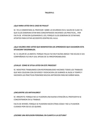 TALLER N.1




¿Qué HARIA USTED EN EL CASO DE PAULA?

R/. YO LE COMENTARIA AL PROFESOR SOBRE LO OCURRIDO EN EL SALON DE CLASE YA
QUE ELLOS DEBERIAN ESTAR MAS CONCENTRADOS HACIENDO LAS PRACTICAS, , POR
FALTA DE ATENCION QUEMARON EL LED, PORQUE ELLOS DEBERIAN DE ESTAR MAS
ATENTOS PARA EVITAR ACCIDENTES DENTRO DEL AULA.



¿Qué VALORES CREE USTED QUE MANIFIESTAN LOS APRENDICES QUE CAUSARON ESTA
SITUACION? DESCRIBALOS.

R/. EL VALOR DE LA AMISTA: PORQUE PAULA FUE MUY BUENA AMIGA Y NO ACUSO A SUS
COMPAÑEROS FUE MUY LEAL APESAS DE SU IRRESPONSABILIDAD.



¿EVALUE COMO SE SITUA USTED EN ESTE PROCESO?

R/. NOSOTROS TRABAJAMOS CON RESPONSABILIDAD HACEMOS TODOS LOS TRABAJOS
QUE NOS COLOCAN CON ESFUERZO Y DEDICACION LOS SUBIMOS AL BLOG A TIEMPO Y
HACEMOS LAS PRACTICAS PONIENDO MUCHA ANTENCION PARA NO DAÑAR NADA.




¿ENCUENTRE LOS ANTIVALORES?

R/. IRRESPETO: PORQUE NO LE PUSIERON UNA BUENA ATENCIÓN AL PROFESOR NI SE
CONCENTRARON EN SU TRABAJO.

FALTA DE INTERÉS: PORQUE SE PUSIERON HACER OTRAS COSAS Y NO LE PUSIERON
CUIDADO POR ESO SE LES QUEMO.



¿ESCRIBE UNA REFLEXION PERSONAL EN CUANTO A LA LECTURA?
 