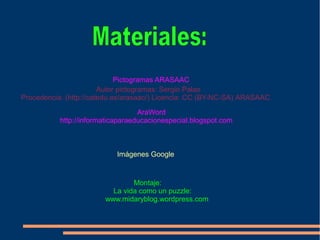 Pictogramas ARASAAC
AraWord
http://informaticaparaeducacionespecial.blogspot.com
Autor pictogramas: Sergio Palao
Procedencia: (http://catedu.es/arasaac/) Licencia: CC (BY-NC-SA) ARASAAC
Montaje:
La vida como un puzzle:
www.midaryblog.wordpress.com
Imágenes Google
 