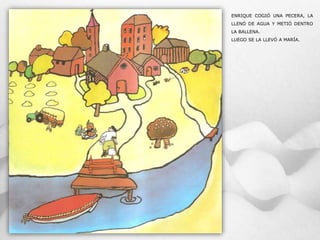 ENRIQUE COGIÓ UNA PECERA, LA
LLENÓ DE AGUA Y METIÓ DENTRO
LA BALLENA.
LUEGO SE LA LLEVÓ A MARÍA.
 