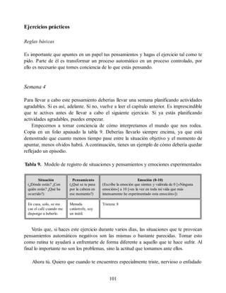 Ejercicios prácticos
Reglas básicas
Es importante que apuntes en un papel tus pensamientos y hagas el ejercicio tal como te
pido. Parte de él es transformar un proceso automático en un proceso controlado, por
ello es necesario que tomes conciencia de lo que estás pensando.
Semana 4
Para llevar a cabo este pensamiento deberías llevar una semana planificando actividades
agradables. Si es así, adelante. Si no, vuelve a leer el capítulo anterior. Es imprescindible
que te actives antes de llevar a cabo el siguiente ejercicio. Si ya estás planificando
actividades agradables, puedes empezar.
Empecemos a tomar conciencia de cómo interpretamos el mundo que nos rodea.
Copia en un folio apaisado la tabla 9. Deberías llevarlo siempre encima, ya que está
demostrado que cuanto menos tiempo pase entre la situación objetivo y el momento de
apuntar, menos olvidos habrá. A continuación, tienes un ejemplo de cómo debería quedar
reflejado un episodio.
Tabla 9. Modelo de registro de situaciones y pensamientos y emociones experimentados
Situación
(¿Dónde estás? ¿Con
quién estás? ¿Qué ha
ocurrido?)
Pensamiento
(¿Qué se te pasa
por la cabeza en
ese momento?)
Emoción (0-10)
(Escribe la emoción que sientes y valórala de 0 [«Ninguna
emoción»] a 10 [«es la vez en toda mi vida que más
intensamente he experimentado esta emoción»])
En casa, solo, se me
cae el café cuando me
dispongo a beberlo.
Menuda
catástrofe, soy
un inútil.
Tristeza: 8
Verás que, si haces este ejercicio durante varios días, las situaciones que te provocan
pensamientos automáticos negativos son las mismas o bastante parecidas. Tomar esto
como rutina te ayudará a enfrentarte de forma diferente a aquello que te hace sufrir. Al
final lo importante no son los problemas, sino la actitud que tomamos ante ellos.
Ahora tú. Quiero que cuando te encuentres especialmente triste, nervioso o enfadado
101
 