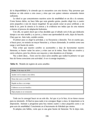 de tu disponibilidad y lo cómodo que te encuentres con esta técnica. Hay personas que
dedican su vida entera a esta causa y otras que con quince minutos semanales tienen
suficiente.
Lo ideal es que concentremos nuestros actos de amabilidad en un día a la semana.
Como hemos dicho, no hace falta que sean grandes gestas, puedes elegir tres o cuatro
actos pequeños o uno de mayor magnitud. Sé que puede sonar un poco artificial, y sin
duda lo es, pero la ciencia es la ciencia y la evidencia nos indica que de esta manera
evitamos el proceso de adaptación hedonista.
Con ello, no quiero decir que si has decidido que el sábado será el día que dedicarás
tiempo a ser más amable y es jueves, y tienes una oportunidad de serlo, dejes de hacerlo.
Claro que no. Ante todo, sentido común.
El primer paso es elegir la actividad, y su frecuencia y duración. Ten en cuenta que,
si haces poco, no notarás un mayor bienestar y, si haces demasiado, lo sentirás como una
carga y será fuente de estrés.
Para evitar que nuestro cerebro se acostumbre y deje de incrementar nuestro
bienestar, es bueno variar los actos y evitar caer en la rutina. Hace falta ser creativo y
cierto esfuerzo, pero los efectos son mayores y más duraderos en el tiempo.
V
oy a darte ideas... Estos son los cinco actos amables que realicé la primera vez que
hice de forma consciente esta actividad. A ver si consigo inspirarte...
Tabla 11. Modelo de registro de actos amables
Fecha: 14 de mayo de 2010
Ayudar con la compra a una señora.
Donar diez euros a una ONG.
Regalar un disco a un amigo.
Colaborar en un acto benéfico.
Dejar propina en un restaurante.
Todo eso lo conseguí hacer en un solo día. Así que si yo lo hice, tú no tienes excusa
para no intentarlo. Al final no pasa nada si no consigues llegar a cinco, lo importante es la
disposición. Anímate a programar para hoy mismo cuatro o cinco pequeños actos o un
gran acto de amabilidad. Concéntrate en el incremento de felicidad que sientes.
Si adoptas este hábito, verás que es una gran fuente de bienestar. No lo dejes más.
106
 