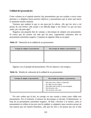 Utilidad del pensamiento
Como veíamos en el capítulo anterior, hay pensamientos que nos ayudan a crecer como
personas y a dirigirnos hacia nuestros objetivos y pensamientos que lo único que hacen
es mantener nuestro malestar.
Tenemos que analizar lo que se nos pasa por la cabeza. ¿De qué me sirve a mí
pensar de esta forma? ¿Me ayuda o me dificulta llegar a mis metas? Lo que me hace
sentir ¿me vale para algo?
Hagamos una pequeña lista de ventajas y desventajas de adoptar este pensamiento.
Si vemos que los contras son más que los pros, seguramente estaremos ante un
pensamiento automático negativo. Copiemos la siguiente tabla en un papel.
Tabla 15. Valoración de la utilidad de un pensamiento
Ventajas de adoptar el pensamiento Desventajas de adoptar el pensamiento
Sigamos con el ejemplo del pensamiento «No les importo a mis amigos».
Tabla 16. Modelo de valoración de la utilidad de un pensamiento
Ventajas de adoptar el pensamiento Desventajas de adoptar el pensamiento
— Me siento triste, rabioso e impotente.
— No salgo con mis amigos.
— Me quedo toda la tarde en casa amargado.
— Me encuentro solo.
— Me encuentro más triste.
Por más vueltas que le doy, no consigo ver una ventaja a tomar como válido este
pensamiento. Por el contrario, el número de desventajas es elevado. Evidentemente, se
trata de un pensamiento automático negativo. Al final, volvemos a lo mismo, como el
pensamiento no refleja al cien por cien la realidad, es adaptativo para nosotros pensar de
una manera que nos reporte beneficios. ¿De qué me sirve a mí pensar que soy el más
120
 