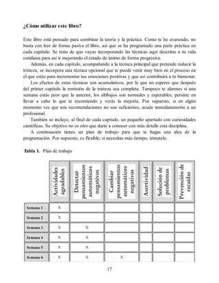 ¿Cómo utilizar este libro?
Este libro está pensado para combinar la teoría y la práctica. Como te he avanzado, no
basta con leer de forma pasiva el libro, así que se ha programado una parte práctica en
cada capítulo. Se trata de que vayas incorporando las técnicas aquí descritas a tu vida
cotidiana para así ir mejorando el estado de ánimo de forma progresiva.
Además, en cada capítulo, acompañando a la técnica principal que pretende reducir la
tristeza, se incorpora una técnica opcional que te puede venir muy bien en el proceso en
el que estás para incrementar tus emociones positivas y que así contribuirá a tu bienestar.
Los efectos de estas técnicas son acumulativos, por lo que no esperes que después
del primer capítulo la remisión de la tristeza sea completa. Tampoco te alarmes si una
semana estás peor que la anterior, los altibajos son normales y esperables; persiste en
llevar a cabo lo que te recomiendo y verás la mejoría. Por supuesto, si en algún
momento ves que mis recomendaciones no son suficientes, acude inmediatamente a un
profesional.
También se incluye, al final de cada capítulo, un pequeño apartado con curiosidades
científicas. Su objetivo no es otro que darte a conocer con más detalle esta disciplina.
A continuación tienes un plan de trabajo para que te hagas una idea de la
programación. Por supuesto, es flexible; si necesitas más tiempo, tómatelo.
Tabla 1. Plan de trabajo
Semana 1 X
Semana 2 X
Semana 3 X X
Semana 4 X X
Semana 5 X X
Semana 6 X X X
17
 