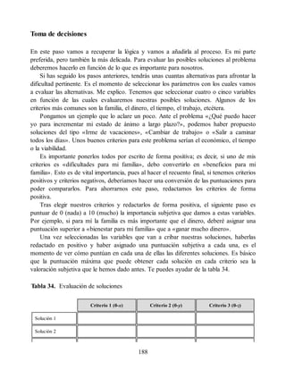 Toma de decisiones
En este paso vamos a recuperar la lógica y vamos a añadirla al proceso. Es mi parte
preferida, pero también la más delicada. Para evaluar las posibles soluciones al problema
deberemos hacerlo en función de lo que es importante para nosotros.
Si has seguido los pasos anteriores, tendrás unas cuantas alternativas para afrontar la
dificultad pertinente. Es el momento de seleccionar los parámetros con los cuales vamos
a evaluar las alternativas. Me explico. Tenemos que seleccionar cuatro o cinco variables
en función de las cuales evaluaremos nuestras posibles soluciones. Algunos de los
criterios más comunes son la familia, el dinero, el tiempo, el trabajo, etcétera.
Pongamos un ejemplo que lo aclare un poco. Ante el problema «¿Qué puedo hacer
yo para incrementar mi estado de ánimo a largo plazo?», podemos haber propuesto
soluciones del tipo «Irme de vacaciones», «Cambiar de trabajo» o «Salir a caminar
todos los días». Unos buenos criterios para este problema serían el económico, el tiempo
o la viabilidad.
Es importante ponerlos todos por escrito de forma positiva; es decir, si uno de mis
criterios es «dificultades para mi familia», debo convertirlo en «beneficios para mi
familia». Esto es de vital importancia, pues al hacer el recuento final, si tenemos criterios
positivos y criterios negativos, deberíamos hacer una conversión de las puntuaciones para
poder compararlos. Para ahorrarnos este paso, redactamos los criterios de forma
positiva.
Tras elegir nuestros criterios y redactarlos de forma positiva, el siguiente paso es
puntuar de 0 (nada) a 10 (mucho) la importancia subjetiva que damos a estas variables.
Por ejemplo, si para mí la familia es más importante que el dinero, deberé asignar una
puntuación superior a «bienestar para mi familia» que a «ganar mucho dinero».
Una vez seleccionadas las variables que van a cribar nuestras soluciones, haberlas
redactado en positivo y haber asignado una puntuación subjetiva a cada una, es el
momento de ver cómo puntúan en cada una de ellas las diferentes soluciones. Es básico
que la puntuación máxima que puede obtener cada solución en cada criterio sea la
valoración subjetiva que le hemos dado antes. Te puedes ayudar de la tabla 34.
Tabla 34. Evaluación de soluciones
Criterio 1 (0-x) Criterio 2 (0-y) Criterio 3 (0-z)
Solución 1
Solución 2
188
 