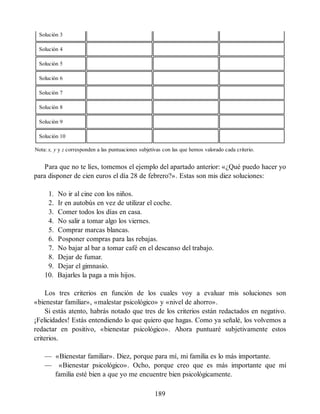 Solución 3
Solución 4
Solución 5
Solución 6
Solución 7
Solución 8
Solución 9
Solución 10
Nota: x, y y z corresponden a las puntuaciones subjetivas con las que hemos valorado cada criterio.
Para que no te líes, tomemos el ejemplo del apartado anterior: «¿Qué puedo hacer yo
para disponer de cien euros el día 28 de febrero?». Estas son mis diez soluciones:
1. No ir al cine con los niños.
2. Ir en autobús en vez de utilizar el coche.
3. Comer todos los días en casa.
4. No salir a tomar algo los viernes.
5. Comprar marcas blancas.
6. Posponer compras para las rebajas.
7. No bajar al bar a tomar café en el descanso del trabajo.
8. Dejar de fumar.
9. Dejar el gimnasio.
10. Bajarles la paga a mis hijos.
Los tres criterios en función de los cuales voy a evaluar mis soluciones son
«bienestar familiar», «malestar psicológico» y «nivel de ahorro».
Si estás atento, habrás notado que tres de los criterios están redactados en negativo.
¡Felicidades! Estás entendiendo lo que quiero que hagas. Como ya señalé, los volvemos a
redactar en positivo, «bienestar psicológico». Ahora puntuaré subjetivamente estos
criterios.
— «Bienestar familiar». Diez, porque para mí, mi familia es lo más importante.
— «Bienestar psicológico». Ocho, porque creo que es más importante que mi
familia esté bien a que yo me encuentre bien psicológicamente.
189
 