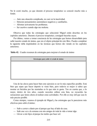 No le costó mucho, ya que durante el proceso terapéutico se conoció mucho más a
fondo.
— Ante una situación complicada, no caer en la inactividad.
— Detectar pensamientos automáticos negativos y cambiarlos.
— Afrontar activamente los problemas.
— Ser asertivo cuando algo me molesta.
Observa que todas las estrategias que seleccionó Miguel están descritas en los
capítulos anteriores. Durante el proceso terapéutico, consiguió hacerlas suyas.
Por último, vamos a tomar conciencia de las estrategias que hemos desarrollado para
subir nuestro estado de ánimo, que era el objeto principal de este libro. Puedes completar
la siguiente tabla inspirándote en las técnicas que hemos ido viendo en los capítulos
anteriores.
Tabla 42. Cuadro resumen de estrategias para mejorar el estado de ánimo
Estrategias para subir el estado de ánimo
Una de las claves para hacer bien este ejercicio es ser lo más específico posible. Está
bien que sepas que hacer deporte te viene bien, pero todavía es mejor si sabes que
montar en bicicleta por las montañas es lo que más te gusta. Ten en cuenta que, a lo
mejor, dentro de tres años, cuando necesites utilizar esta lista, no recuerdes las
sensaciones que tienes ahora al realizar estas actividades. Por ello es muy útil que seas lo
más preciso posible.
Como siempre, veamos el ejemplo de Miguel y las estrategias que le parecieron más
efectivas para subir el ánimo:
— Salir a correr a diario por el parque que hay al lado de casa.
— Salir una vez a la semana con mis amigos de toda la vida a tomar algo.
— Llevar a mis hijos al parque las tardes que hace sol.
215
 