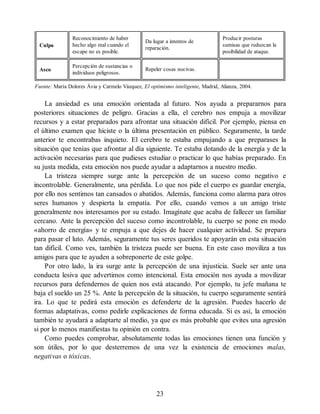 Culpa
Reconocimiento de haber
hecho algo mal cuando el
escape no es posible.
Da lugar a intentos de
reparación.
Producir posturas
sumisas que reduzcan la
posibilidad de ataque.
Asco
Percepción de sustancias o
individuos peligrosos.
Repeler cosas nocivas.
Fuente: María Dolores Ávia y Carmelo Vázquez, El optimismo inteligente, Madrid, Alianza, 2004.
La ansiedad es una emoción orientada al futuro. Nos ayuda a prepararnos para
posteriores situaciones de peligro. Gracias a ella, el cerebro nos empuja a movilizar
recursos y a estar preparados para afrontar una situación difícil. Por ejemplo, piensa en
el último examen que hiciste o la última presentación en público. Seguramente, la tarde
anterior te encontrabas inquieto. El cerebro te estaba empujando a que preparases la
situación que tenías que afrontar al día siguiente. Te estaba dotando de la energía y de la
activación necesarias para que pudieses estudiar o practicar lo que habías preparado. En
su justa medida, esta emoción nos puede ayudar a adaptarnos a nuestro medio.
La tristeza siempre surge ante la percepción de un suceso como negativo e
incontrolable. Generalmente, una pérdida. Lo que nos pide el cuerpo es guardar energía,
por ello nos sentimos tan cansados o abatidos. Además, funciona como alarma para otros
seres humanos y despierta la empatía. Por ello, cuando vemos a un amigo triste
generalmente nos interesamos por su estado. Imagínate que acaba de fallecer un familiar
cercano. Ante la percepción del suceso como incontrolable, tu cuerpo se pone en modo
«ahorro de energía» y te empuja a que dejes de hacer cualquier actividad. Se prepara
para pasar el luto. Además, seguramente tus seres queridos te apoyarán en esta situación
tan difícil. Como ves, también la tristeza puede ser buena. En este caso moviliza a tus
amigos para que te ayuden a sobreponerte de este golpe.
Por otro lado, la ira surge ante la percepción de una injusticia. Suele ser ante una
conducta lesiva que advertimos como intencional. Esta emoción nos ayuda a movilizar
recursos para defendernos de quien nos está atacando. Por ejemplo, tu jefe mañana te
baja el sueldo un 25 %. Ante la percepción de la situación, tu cuerpo seguramente sentirá
ira. Lo que te pedirá esta emoción es defenderte de la agresión. Puedes hacerlo de
formas adaptativas, como pedirle explicaciones de forma educada. Si es así, la emoción
también te ayudará a adaptarte al medio, ya que es más probable que evites una agresión
si por lo menos manifiestas tu opinión en contra.
Como puedes comprobar, absolutamente todas las emociones tienen una función y
son útiles, por lo que desterremos de una vez la existencia de emociones malas,
negativas o tóxicas.
23
 