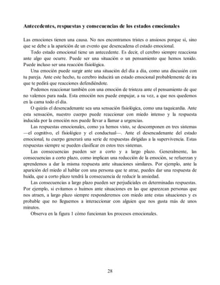 Antecedentes, respuestas y consecuencias de los estados emocionales
Las emociones tienen una causa. No nos encontramos tristes o ansiosos porque sí, sino
que se debe a la aparición de un evento que desencadena el estado emocional.
Todo estado emocional tiene un antecedente. Es decir, el cerebro siempre reacciona
ante algo que ocurre. Puede ser una situación o un pensamiento que hemos tenido.
Puede incluso ser una reacción fisiológica.
Una emoción puede surgir ante una situación del día a día, como una discusión con
tu pareja. Ante este hecho, tu cerebro inducirá un estado emocional probablemente de ira
que te pedirá que reacciones defendiéndote.
Podemos reaccionar también con una emoción de tristeza ante el pensamiento de que
no valemos para nada. Esta emoción nos puede empujar, a su vez, a que nos quedemos
en la cama todo el día.
O quizás el desencadenante sea una sensación fisiológica, como una taquicardia. Ante
esta sensación, nuestro cuerpo puede reaccionar con miedo intenso y la respuesta
inducida por la emoción nos puede llevar a llamar a urgencias.
Las respuestas emocionales, como ya hemos visto, se descomponen en tres sistemas
—el cognitivo, el fisiológico y el conductual—. Ante el desencadenante del estado
emocional, tu cuerpo generará una serie de respuestas dirigidas a la supervivencia. Estas
respuestas siempre se pueden clasificar en estos tres sistemas.
Las consecuencias pueden ser a corto y a largo plazo. Generalmente, las
consecuencias a corto plazo, como implican una reducción de la emoción, se refuerzan y
aprendemos a dar la misma respuesta ante situaciones similares. Por ejemplo, ante la
aparición del miedo al hablar con una persona que te atrae, puedes dar una respuesta de
huida, que a corto plazo tendrá la consecuencia de reducir la ansiedad.
Las consecuencias a largo plazo pueden ser perjudiciales en determinadas respuestas.
Por ejemplo, si evitamos o huimos ante situaciones en las que aparezcan personas que
nos atraen, a largo plazo siempre responderemos con miedo ante estas situaciones y es
probable que no lleguemos a interaccionar con alguien que nos gusta más de unos
minutos.
Observa en la figura 1 cómo funcionan los procesos emocionales.
28
 