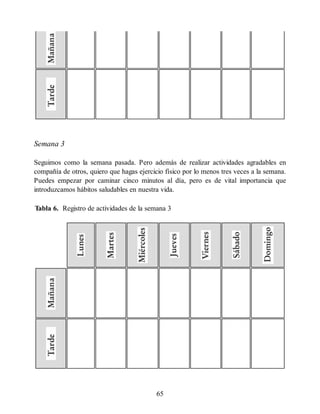 Semana 3
Seguimos como la semana pasada. Pero además de realizar actividades agradables en
compañía de otros, quiero que hagas ejercicio físico por lo menos tres veces a la semana.
Puedes empezar por caminar cinco minutos al día, pero es de vital importancia que
introduzcamos hábitos saludables en nuestra vida.
Tabla 6. Registro de actividades de la semana 3
65
 