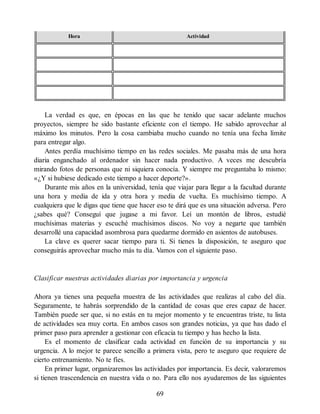 Hora Actividad
La verdad es que, en épocas en las que he tenido que sacar adelante muchos
proyectos, siempre he sido bastante eficiente con el tiempo. He sabido aprovechar al
máximo los minutos. Pero la cosa cambiaba mucho cuando no tenía una fecha límite
para entregar algo.
Antes perdía muchísimo tiempo en las redes sociales. Me pasaba más de una hora
diaria enganchado al ordenador sin hacer nada productivo. A veces me descubría
mirando fotos de personas que ni siquiera conocía. Y siempre me preguntaba lo mismo:
«¿Y si hubiese dedicado este tiempo a hacer deporte?».
Durante mis años en la universidad, tenía que viajar para llegar a la facultad durante
una hora y media de ida y otra hora y media de vuelta. Es muchísimo tiempo. A
cualquiera que le digas que tiene que hacer eso te dirá que es una situación adversa. Pero
¿sabes qué? Conseguí que jugase a mi favor. Leí un montón de libros, estudié
muchísimas materias y escuché muchísimos discos. No voy a negarte que también
desarrollé una capacidad asombrosa para quedarme dormido en asientos de autobuses.
La clave es querer sacar tiempo para ti. Si tienes la disposición, te aseguro que
conseguirás aprovechar mucho más tu día. Vamos con el siguiente paso.
Clasificar nuestras actividades diarias por importancia y urgencia
Ahora ya tienes una pequeña muestra de las actividades que realizas al cabo del día.
Seguramente, te habrás sorprendido de la cantidad de cosas que eres capaz de hacer.
También puede ser que, si no estás en tu mejor momento y te encuentras triste, tu lista
de actividades sea muy corta. En ambos casos son grandes noticias, ya que has dado el
primer paso para aprender a gestionar con eficacia tu tiempo y has hecho la lista.
Es el momento de clasificar cada actividad en función de su importancia y su
urgencia. A lo mejor te parece sencillo a primera vista, pero te aseguro que requiere de
cierto entrenamiento. No te fíes.
En primer lugar, organizaremos las actividades por importancia. Es decir, valoraremos
si tienen trascendencia en nuestra vida o no. Para ello nos ayudaremos de las siguientes
69
 