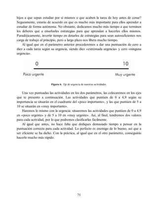 hijos a que sepan estudiar por sí mismos o que acaben la tarea de hoy antes de cenar?
Seguramente, estarás de acuerdo en que es mucho más importante para ellos aprender a
estudiar de forma autónoma. No obstante, dedicamos mucho más tiempo a que terminen
los deberes que a enseñarles estrategias para que aprendan a hacerlos ellos mismos.
Paradójicamente, invertir tiempo en dotarlos de estrategias para sean autosuficientes nos
carga de trabajo al principio, pero a largo plazo nos libera mucho tiempo.
Al igual que en el parámetro anterior procederemos a dar una puntuación de cero a
diez a cada tarea según su urgencia, siendo diez «extremada urgencia» y cero «ninguna
urgencia».
Figura 6. Eje de urgencia de nuestras actividades.
Una vez puntuadas las actividades en los dos parámetros, las colocaremos en los ejes
que te presento a continuación. Las actividades que puntúen de 0 a 4,9 según su
importancia se situarán en el cuadrante del «poco importante», y las que puntúen de 5 a
10 se situarán en «muy importante».
Haremos lo mismo con la urgencia: situaremos las actividades que puntúen de 0 a 4,9
en «poco urgente» y de 5 a 10 en «muy urgente». Así, al final, tendremos dos valores
para cada actividad, por lo que podremos clasificarlas fácilmente.
Al igual que antes, no hace falta que dediques demasiado tiempo a pensar en la
puntuación correcta para cada actividad. Lo perfecto es enemigo de lo bueno, así que a
ser eficiente se ha dicho. Con la práctica, al igual que en el otro parámetro, conseguirás
hacerlo mucho más rápido.
71
 