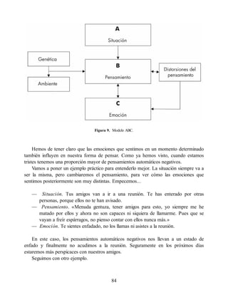 Figura 9. Modelo ABC.
Hemos de tener claro que las emociones que sentimos en un momento determinado
también influyen en nuestra forma de pensar. Como ya hemos visto, cuando estamos
tristes tenemos una proporción mayor de pensamientos automáticos negativos.
Vamos a poner un ejemplo práctico para entenderlo mejor. La situación siempre va a
ser la misma, pero cambiaremos el pensamiento, para ver cómo las emociones que
sentimos posteriormente son muy distintas. Empecemos...
— Situación. Tus amigos van a ir a una reunión. Te has enterado por otras
personas, porque ellos no te han avisado.
— Pensamiento. «Menuda gentuza, tener amigos para esto, yo siempre me he
matado por ellos y ahora no son capaces ni siquiera de llamarme. Pues que se
vayan a freír espárragos, no pienso contar con ellos nunca más.»
— Emoción. Te sientes enfadado, no los llamas ni asistes a la reunión.
En este caso, los pensamientos automáticos negativos nos llevan a un estado de
enfado y finalmente no acudimos a la reunión. Seguramente en los próximos días
estaremos más perspicaces con nuestros amigos.
Seguimos con otro ejemplo.
84
 