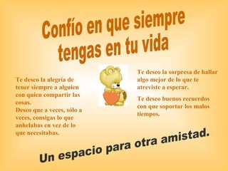 Confío en que siempre  tengas en tu vida Un espacio para otra amistad. Te deseo la sorpresa de hallar algo mejor de lo que te atreviste a esperar. Te deseo buenos recuerdos con que soportar los malos tiempos. Te deseo la alegría de tener siempre a alguien con quien compartir las cosas. Deseo que a veces, sólo a veces, consigas lo que anhelabas en vez de lo que necesitabas. 