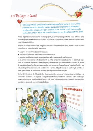 G
uía de orientaciones para el buen t
rato
a niños y niñas
en
el Nivel Inicial
3939
2. 3 Trabajo infantil
El trabajo infantil y adolescente es el desempeño de parte de niños, niñas
y adolescentes de cualquier trabajo que pueda ser peligroso, entorpezca
su educación, o sea nocivo para su salud física, mental, espiritual, moral o
social. Convención de las Naciones Unidas sobre los Derechos del Niño. 1989.
Para la Organización Internacional del Trabajo (OIT), el término “trabajo infantil” suele definirse como
todotrabajoqueprivaalosniñosdesuniñez,supotencialysudignidad,yqueesperjudicialparasudesa-
rrollofísicoypsicológico.
Asípues,sealudealtrabajoqueespeligrosoyperjudicialparaelbienestarfísico,mentalomoraldelniño;
einterfiereconsuescolarizaciónpuestoque:
•	 les	priva	de	la	posibilidad	de	asistir	a	clases;	
•	 les	obliga	a	abandonar	la	escuela	de	forma	prematura,	o	
•	 les	exige	combinar	el	estudio	con	un	trabajo	pesado	y	que	demanda	mucho	tiempo.
En las formas más extremas de trabajo infantil, los niños son sometidos a situaciones de esclavitud, sepa-
rados de su familia, expuestos a graves peligros y enfermedades y/o abandonados a su suerte en la calle
de grandes ciudades (con frecuencia a una edad muy temprana). Para calificar de “trabajo infantil” a una
actividadespecíficadependerádelaedaddelniñoolaniña,eltipodetrabajoencuestiónylacantidadde
horasquelededica,lascondicionesenquelorealizaylasnormasdecadapaís.
A nivel del Ministerio de Educación los docentes son los actores principales para sensibilizar a la
comunidad educativa y en especial a los padres de familia (resaltando sus roles) sobre los riesgos
para la salud que el trabajo infantil implica, así como tomar medidas para prevenir que los niños
abandonen la escuela por motivos de trabajo.
 
