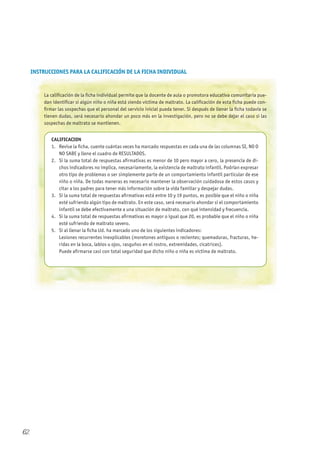 INSTRUCCIONES PARA LA CALIFICACIÓN DE LA FIChA INDIVIDUAL
La calificación de la ficha individual permite que la docente de aula o promotora educativa comunitaria pue-
dan identificar si algún niño o niña está siendo víctima de maltrato. La calificación de esta ficha puede con-
firmar las sospechas que el personal del servicio inicial pueda tener. Si después de llenar la ficha todavía se
tienen dudas, será necesario ahondar un poco más en la investigación, pero no se debe dejar el caso si las
sospechas de maltrato se mantienen.
CALIFICACION
1. Revise la ficha, cuente cuántas veces ha marcado respuestas en cada una de las columnas SI, NO O
NO SABE y llene el cuadro de RESULTADOS.
2. Si la suma total de respuestas afirmativas es menor de 10 pero mayor a cero, la presencia de di-
chos indicadores no implica, necesariamente, la existencia de maltrato infantil. Podrían expresar
otro tipo de problemas o ser simplemente parte de un comportamiento infantil particular de ese
niño o niña. De todas maneras es necesario mantener la observación cuidadosa de estos casos y
citar a los padres para tener más información sobre la vida familiar y despejar dudas.
3. Si la suma total de respuestas afirmativas está entre 10 y 19 puntos, es posible que el niño o niña
esté sufriendo algún tipo de maltrato. En este caso, será necesario ahondar si el comportamiento
infantil se debe efectivamente a una situación de maltrato, con qué intensidad y frecuencia.
4. Si la suma total de respuestas afirmativas es mayor o igual que 20, es probable que el niño o niña
esté sufriendo de maltrato severo.
5. Si al llenar la ficha Ud. ha marcado uno de los siguientes indicadores:
Lesiones recurrentes inexplicables (moretones antiguos o recientes; quemaduras, fracturas, he-
ridas en la boca, labios u ojos, rasguños en el rostro, extremidades, cicatrices).
Puede afirmarse casi con total seguridad que dicho niño o niña es víctima de maltrato.
62
 