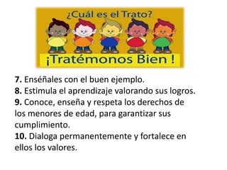 7. Enséñales con el buen ejemplo. 
8. Estimula el aprendizaje valorando sus logros. 
9. Conoce, enseña y respeta los derechos de 
los menores de edad, para garantizar sus 
cumplimiento. 
10. Dialoga permanentemente y fortalece en 
ellos los valores. 
 