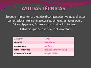 AYUDAS TÉCNICAS
Se debe mantener protegido el computador, ya que, el estar
 conectado a internet trae consigo amenazas, tales como:
     Virus, Spyware, Accesos no autorizados, Hoaxes.
          Estos riesgos se pueden contrarrestar:

      Antivirus             AVAST
      Firewalls             ZoneAlarm
      Antispyware           Ad-Aware
      Filtro contenidos     NetVeda Safety.Net 3.61
      Bloqueo POP-UPS       Google Toolbar
 