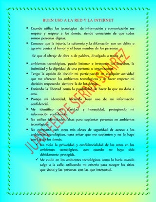 BUEN USO A LA RED Y LA INTERNET
 Cuando utilizo las tecnologías de información y comunicación me
respeto y respeto a los demás, siendo consciente de que todos
somos personas dignas.
 Conozco que la injuria, la calumnia y la difamación son un delito o
agravio contra el honor y el buen nombre de las personas.
Sé que el ultraje de obra o de palabra, divulgado a través de
 ambientes tecnológicos, puede lesionar e irrespetar los derechos, la
intimidad y la dignidad de una persona u organización.
 Tengo la opción de decidir mi participación en cualquier actividad
que me ofrezcan los ambientes tecnológicos y de hacer respetar mi
decisión respetando siempre la de los demás.
 Entiendo la libertad como la posibilidad de hacer lo que no daña a
otro.
 Protejo mi identidad, haciendo buen uso de mi información
confidencial.
 Me identifico con claridad y honestidad, protegiendo mi
información confidencial.
 No utilizo identidades falsas para suplantar personas en ambientes
tecnológicos.
 No comparto con otros mis claves de seguridad de acceso a los
ambientes tecnológicos, para evitar que me suplanten y no lo hago
con las de los demás.
 No violo la privacidad y confidencialidad de los otros en los
ambientes tecnológicos, aun cuando no haya sido
debidamente protegida.
 Me cuido en los ambientes tecnológicos como lo haría cuando
salgo a la calle, utilizando mi criterio para escoger los sitios
que visito y las personas con las que interactuó.
 