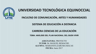 UNIVERSIDAD TECNOLÓGICA EQUINOCCIAL
FACULTAD DE COMUNICACIÓN, ARTES Y HUMANIDADES
SISTEMA DE EDUCACIÓN A DISTANCIA
CARRERA CIENCIAS DE LA EDUCACIÓN
TEMA: ANÁLISIS DEL PLAN NACIONAL DEL BUEN VIVIR
ASIGNATURA: PROYECTO
TUTOR: Dr. MANUEL REMACHE.
ALUMNA: MARIANITA ZARUMA MACAS
FECHA: Junio 2017
. 1
 