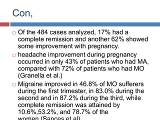 Con,
 Of the 484 cases analyzed, 17% had a
complete remission and another 62% showed
some improvement with pregnancy.
 headache improvement during pregnancy
occurred in only 43% of patients who had MA,
compared with 72% of patients who had MO
(Granella et al.)
 Migraine improved in 46.8% of MO sufferers
during the first trimester, in 83.0% during the
second and in 87.2% during the third, while
complete remission was attained by
10.6%,53.2%, and 78.7% of the
 
