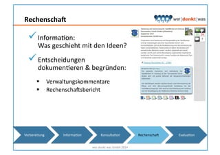RechenschaW	
  
 InformaHon:	
  	
  
Was	
  geschieht	
  mit	
  den	
  Ideen?	
  
 Entscheidungen	
  	
  
dokumenHeren	
  &	
  begründen:	
  
  Verwaltungskommentare	
  
  Rechenschassbericht	
  
wer	
  denkt	
  was	
  GmbH	
  2014	
  
Vorbereitung	
   InformaHon	
   KonsultaHon	
   Rechenschas	
   EvaluaHon	
  
 