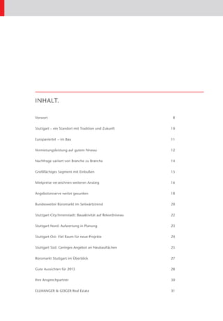 INHALT.

Vorwort	8


Stuttgart – ein Standort mit Tradition und Zukunft	         10


Europaviertel  – im Bau	                                    11


Vermietungsleistung auf gutem Niveau	                       12


Nachfrage variiert von Branche zu Branche	                  14


Großflächiges Segment mit Einbußen	                         15


Mietpreise verzeichnen weiteren Anstieg	                    16


Angebotsreserve weiter gesunken	                            18


Bundesweiter Büromarkt im Seitwärtstrend	                   20


Stuttgart City/Innenstadt: Bauaktivität auf Rekordniveau	   22


Stuttgart Nord: Aufwertung in Planung	                      23


Stuttgart Ost: Viel Raum für neue Projekte	                 24


Stuttgart Süd: Geringes Angebot an Neubauflächen 	          25


Büromarkt Stuttgart im Überblick	                           27


Gute Aussichten für 2013	                                   28


Ihre Ansprechpartner	                                       30


ELLWANGER & GEIGER Real Estate	                             31
 