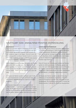22
                                                                                                                             23




STUTTGART SÜD: ANHALTEND POSITIVE ENTWICKLUNG
DEGERLOCH                                                        LEINFELDEN-ECHTERDINGEN
Degerloch mit seiner direkten Anbindung sowohl an die            Nach dem drastischen Einbruch des Jahres 2009 konnten
Stuttgarter Innenstadt als auch an die Bundesstraße B27,         in Leinfelden-Echterdingen in 2010 insgesamt erfreuliche
die Autobahn A8 und den Flughafen zählt sicherlich zu            12.800 Quadratmeter Büroﬂächen vermittelt werden.
den attraktiven Lagen in der Region. Dennoch waren die           Auch die Anzahl der Verträge konnte hier um 230 Prozent
Vermietungszahlen an diesem Standort bereits im zweiten          auf 31 Abschlüsse erhöht werden. Besonders bei Nutzern
Jahr in Folge rückläuﬁg und lagen in 2010 bei einer Gesamt-      aus der IT-/Telekommunikationsbranche fand dieser
leistung von insgesamt 2.100 Quadratmetern.                      Standort reges Interesse.


Bei den abgeschlossenen Verträgen dominierte das Flächen-        Zirka 41 Prozent der Vermietungen entﬁelen auf Flächen-
segment bis 500 Quadratmeter, 2 Verträge wurden für              größen bis 500 Quadratmeter. Im Flächensegment zwi-
Flächengrößen zwischen 501 und 1.000 Quadratmetern               schen 501 und 1.000 Quadratmetern wurden 27 Prozent
unterzeichnet. Die Abschlüsse entﬁelen in gleichen Teilen        der Verträge unterzeichnet. Darüber hinaus konnte ein
auf das Gebiet „Tränke“ und das Areal rund um den Alb-           Vertrag über 4.000 Quadratmeter mit einem Unternehmen
platz.                                                           aus dem Bereich „Consulting“ abgeschlossen werden.


35 Prozent der Flächen wurden zu Preisen unter 12,00             63 Prozent der Flächen wurden zu einem Preis unter
Euro pro Quadratmeter vermietet, 65 Prozent lagen im             9,00 Euro pro Quadratmeter angemietet. 25 Prozent
Preissegment zwischen 12,00 und 13,00 Euro pro Qua-              lagen im Preissegment zwischen 9,01 und 10,00 Euro pro
dratmeter.                                                       Quadratmeter. Das Preisniveau lag bei rund 11 Prozent der
                                                                 Flächen zwischen 11,00 und 12,00 Euro pro Quadratmeter.
Am Standort Degerloch ist im Augenblick mit der
„Wilhelmshöhe“ nur ein Neubauprojekt in der Vermark-
tung. Die Fertigstellung ist für das 1. Quartal 2011 avisiert.
Die hier neu entstandenen Flächen sind bereits zu 65 Pro-
zent vermietet. Weitere Projekte sind nicht zu erwarten.
 