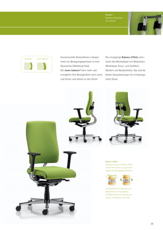 Markant |
                                                                       Gelungene Gestaltung
                                                                       bis ins Detail.




                           Konventionelle Rückenlehnen erlauben        Der einzigartige Balance-Effekt unter-
Standard   mono balance®
                           meist nur Bewegungsspielraum in einer       stützt das Wechselspiel von Muskulatur,
                           Raumachse (Abbildung links).                Wirbelsäule, Kreuz- und Steißbein,
                           Der mono balance® kann mehr und             Bändern und Bandscheiben. Das sind die
                           ermöglicht freie Beweglichkeit nach vorne   besten Voraussetzungen für ermüdungs-
                           und hinten und ebenso zu den Seiten.        freies Sitzen.




                                                                       Balance-Effekt |
                                                                       Dynamisch sitzen mit Balance-Effekt
                                                                       ist mehr als einfach nur gesund. Die
                                                                       sanften Drehbewegungen aktivieren




                                                                       die Wirbelsäule, die Versorgung der
                                                                       Bandscheiben mit Flüssigkeiten
                                                                       und Nährstoffen wird verbessert; so
                                                                       bleiben sie elastischer und vitaler.




                                                                                                                 29
 