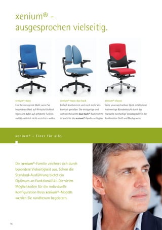 xenium® -
     ausgesprochen vielseitig.




     xenium®-basic                                xenium®-basic duo back                    xenium®-classic
     Eine hervorragende Wahl, wenn Sie            Einfach kombinieren und noch mehr Sitz-   Seine unverwechselbare Optik erhält dieser
     besonderen Wert auf Wirtschaftlichkeit       komfort genießen: Die einzigartige und    hochwertige Bürodrehstuhl durch das
     legen und dabei auf gehobene Funktio-        weltweit bekannte duo back® Rückenlehne markante zweifarbige Vorsatzpolster in der
     nalität natürlich nicht verzichten wollen.   ist auch für die xenium®-Familie verfügbar. Kombination Stoff und Meshgewebe.




     xenium® - Einer für alle.




     Die xenium®-Familie zeichnet sich durch
     besondere Vielseitigkeit aus. Schon die
     Standard-Ausführung bietet ein
     Optimum an Funktionalität. Die vielen
     Möglichkeiten für die individuelle
     Konfiguration Ihres xenium®-Modells
     werden Sie rundherum begeistern.




16
 