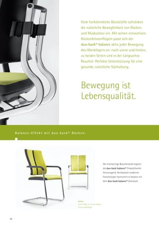 Viele herkömmliche Bürostühle schränken
                                         die natürliche Beweglichkeit von Rücken
                                         und Muskulatur ein. Mit seinen innovativen
                                         Rückenlehnenflügeln passt sich der
                                         duo-back® balance aktiv jeder Bewegung
                                         des Oberkörpers an: nach vorne und hinten,
                                         zu beiden Seiten und in der Längsachse.
                                         Resultat: Perfekte Unterstützung für eine
                                         gesunde, natürliche Sitzhaltung.




                                         Bewegung ist
                                         Lebensqualität.


     Balance-Effekt mit duo back® Rücken.




                                                                        Der hochwertige Besucherstuhl ergänzt
                                                                        die duo-back balance® Produktfamilie
                                                                        hervorragend. Als klassisch-moderner
                                                                        Freischwinger harmoniert er bestens mit
                                                                        dem duo-back balance® Drehstuhl.




                                     Zeitlos |
                                     Gutes Design ist von kurzlebigen
                                     Trends unabhängig.




30
 