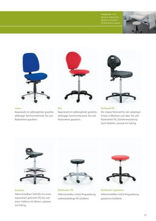 Praxisgerecht | Zum
                                                                                        Einsatz in medizinischen
                                                                                        Bereichen sind speziell
                                                                                        PU-Sitze bestens geeignet.




rowas                                       flex                                        Drehstuhl PU
Kassenstuhl mit selbstregelnder gewichts-   Kassenstuhl mit selbstregelnder gewichts-   Der robuste Drehstuhl für den vielseitigen
abhängiger Synchronmechanik. Sitz und       abhängiger Synchronmechanik. Sitz und       Einsatz in Werkstatt und Labor. Sitz und
Rückenlehne gepolstert.                     Rückenlehne gepolstert.                     Rückenlehne PU, Sitzhöhenverstellung
                                                                                        durch Gasfeder, optional mit Fußring.




Stehhilfe                                   Drehhocker PU                               Drehhocker gepolstert
Höhenverstellbare Stehhilfe mit einem       Höhenverstellbar mittels Ringauslösung,     Höhenverstellbar mittels Ringauslösung,
ergonomisch geformten PU-Sitz und           widerstandsfähige PU-Sitzfläche.            gepolsterte Sitzfläche.
einem Fußkreuz mit Gleitern, optional
mit Fußring.


                                                                                                                                     51
 