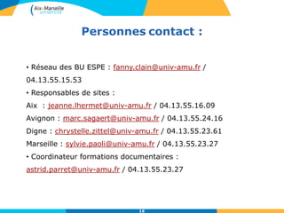 Personnes contact :
16
• Réseau des BU ESPE : fanny.clain@univ-amu.fr /
04.13.55.15.53
• Responsables de sites :
Aix : jeanne.lhermet@univ-amu.fr / 04.13.55.16.09
Avignon : marc.sagaert@univ-amu.fr / 04.13.55.24.16
Digne : chrystelle.zittel@univ-amu.fr / 04.13.55.23.61
Marseille : sylvie.paoli@univ-amu.fr / 04.13.55.23.27
• Coordinateur formations documentaires :
astrid.parret@univ-amu.fr / 04.13.55.23.27
 