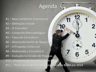 Agenda
#1 – Novo Ambiente Empresarial
#2 – Definições Iniciais
#3 – O Consultor
#4 – Composto Mercadológico
#5 – Tipos de Consultoria
#6 – Desenvolvimento de Negócios
#7 – A Proposta Comercial
#8 – Realizando a Consultoria
#9 – Evolução na Gestão de Pessoas
#10 – Produtos de Consultoria em RH
#11 – Perfil das Empresas de Consultoria no Brasil em 2014
 