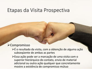 Etapas da Visita Prospectiva
Compromisso
É o resultado da visita, com a obtenção de alguma ação
subseqüente de ambas as partes
Essa ação pode ser a marcação de uma visita com o
superior hierárquico do contato, envio de material
adicional ou outra ação qualquer que concretamente
mostre a existência de compromisso mútuo
 